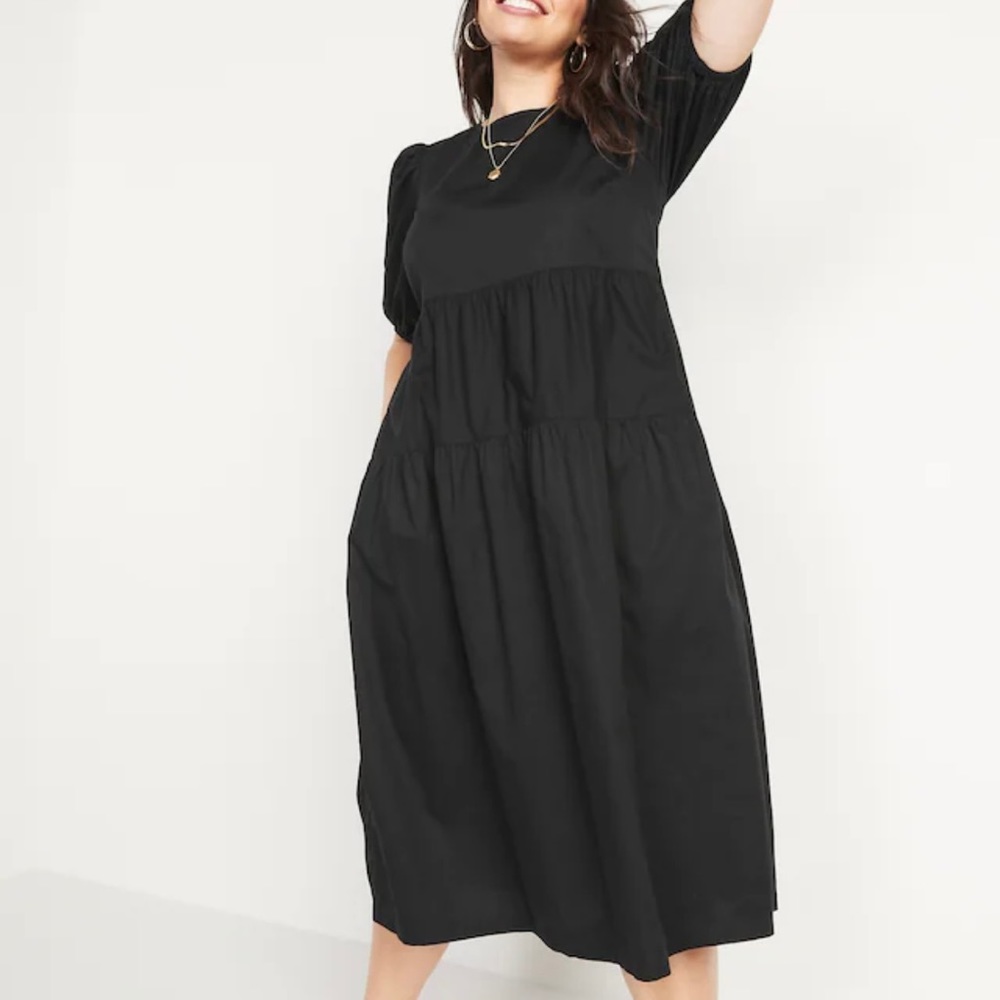 Old Navy Puff-Sleeve All-Day Midi Swing Dress. Black cotton poplin. Size 2X.